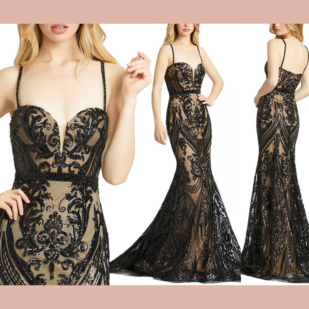 NWT Mac Duggal [ 0 ] Floral Embroidered Trumpet Gown‎ in Black Nude